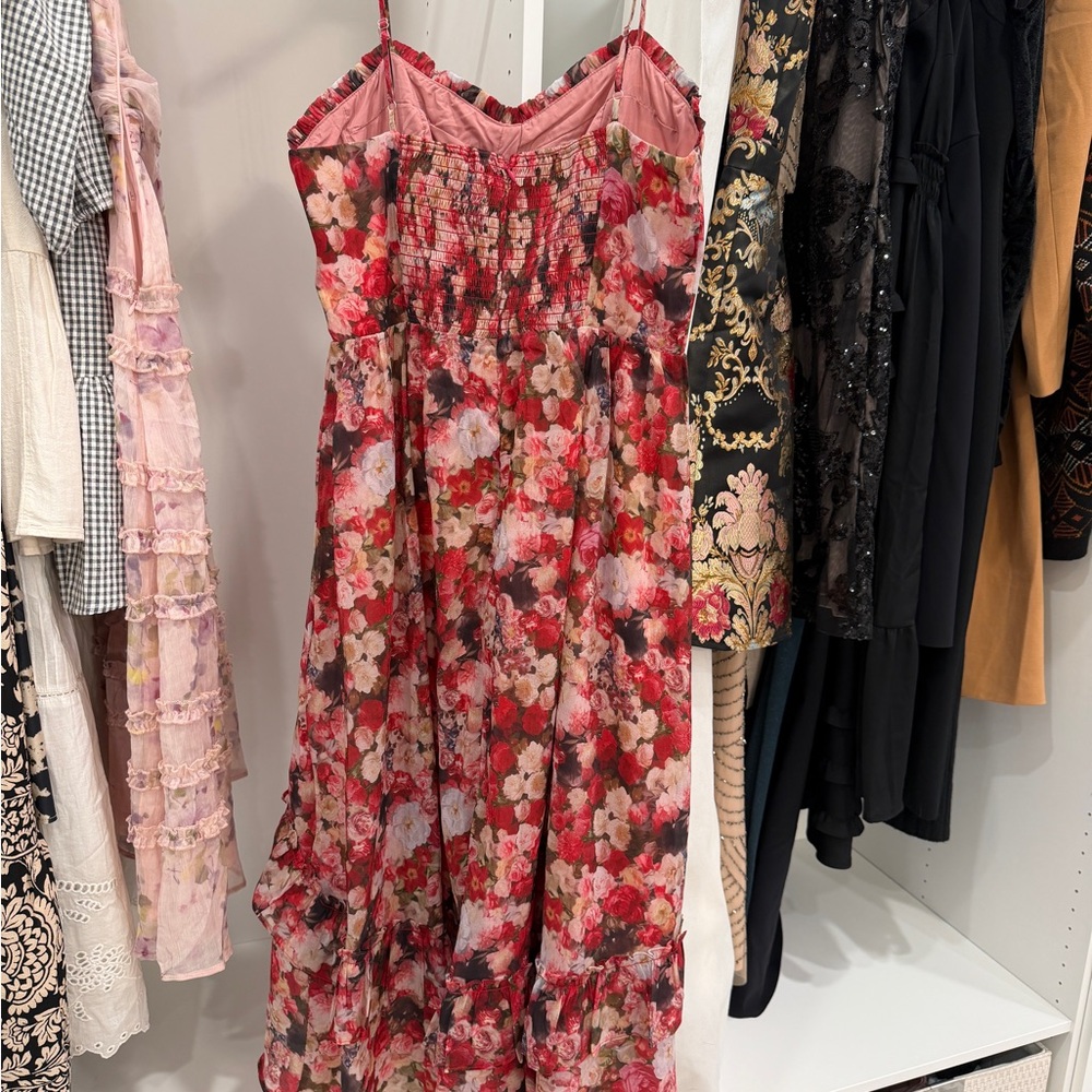 Lulu's Red Floral Smocked Strappy Dress - Picture 2 of 3
